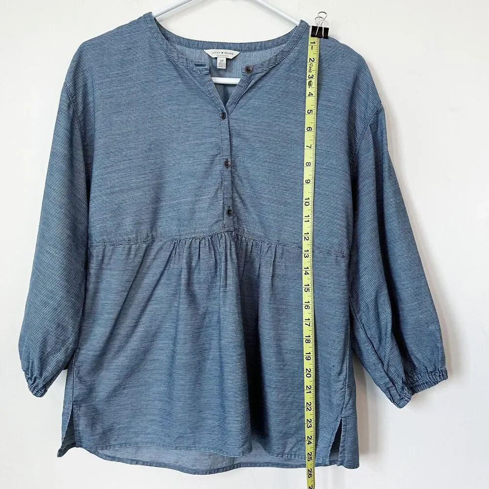 Lucky Brand Womens Striped Popover Top Indigo Multi Small Casual Cotton Lyocell - Picture 9 of 12